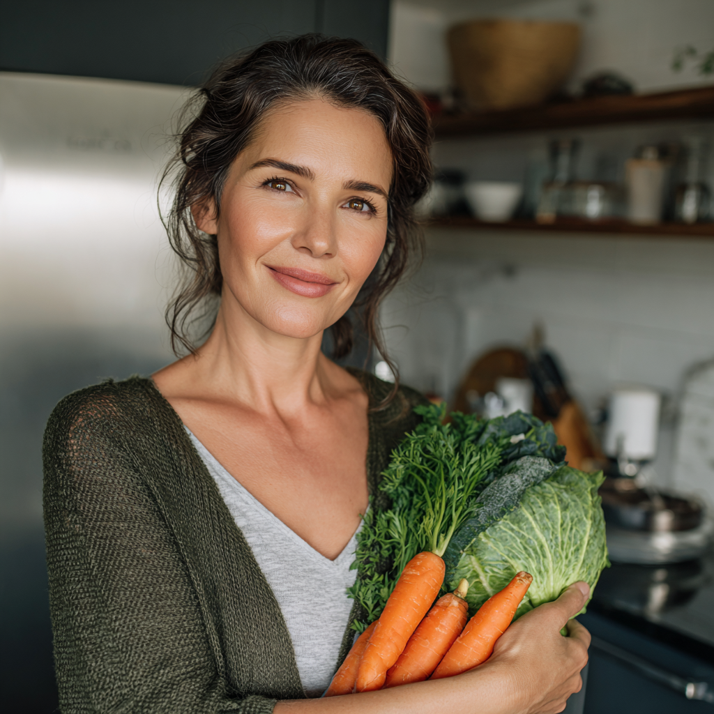 Happy Romanian family preparing healthy meals together in modern kitchen, adults of various ages smiling while organizing fresh vegetables and fruits