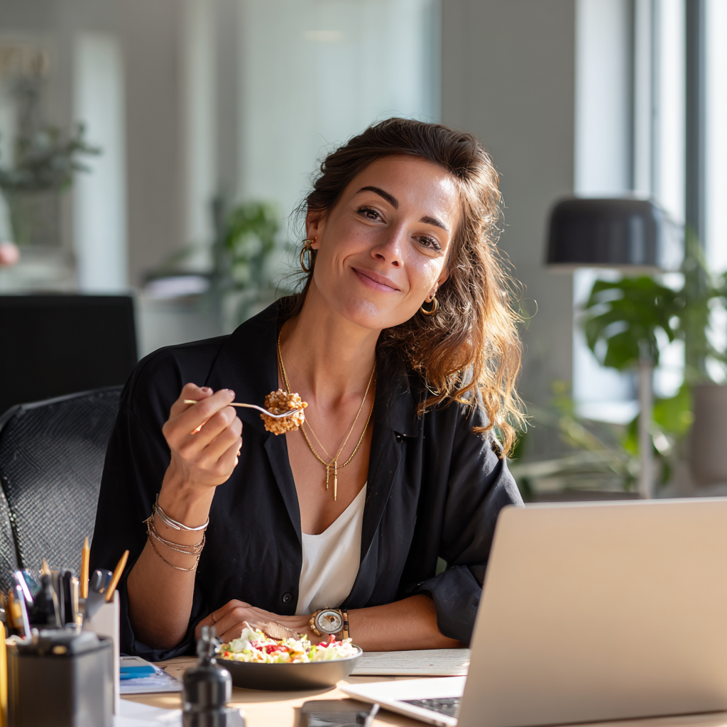 Romanian nutritionist consulting with middle-aged adults, showing personalized meal plans and healthy food samples in professional office setting